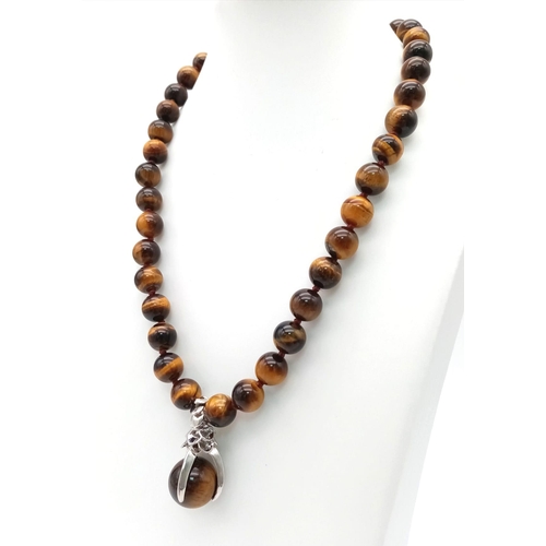 440 - A Tigers Eye Bead Necklace with a Tigers Eye Claw Pendant. Beads - 10mm. Pendant - 3cm. Necklace - 4... 