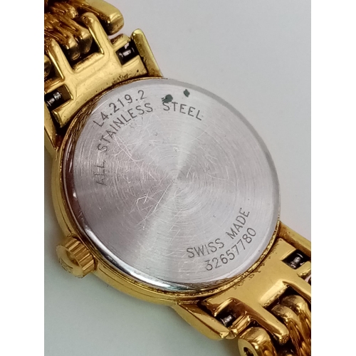 526 - A Gold Plated Ladies Longine Watch. Case -20mm. White dial with quartz movement. Needs a battery so ... 