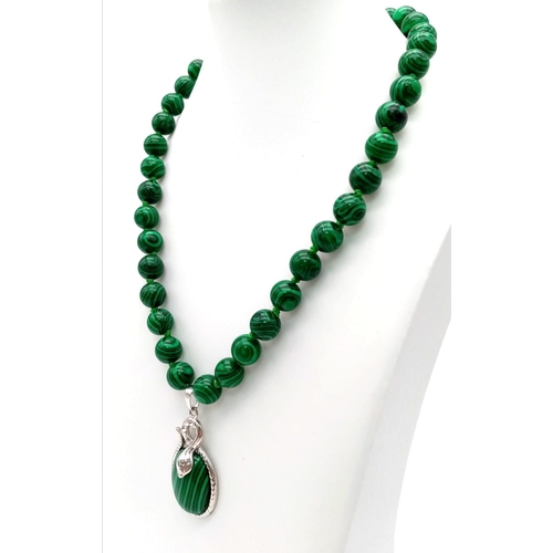 957 - A Green Marcasite Beaded Necklace with Hanging Oval Marcasite Pendant - 4cm. Necklace - 42cm. Beads ... 