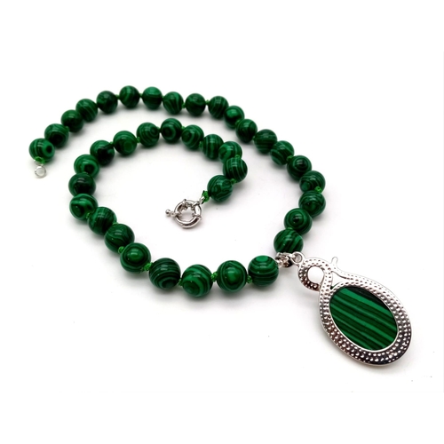 957 - A Green Marcasite Beaded Necklace with Hanging Oval Marcasite Pendant - 4cm. Necklace - 42cm. Beads ... 