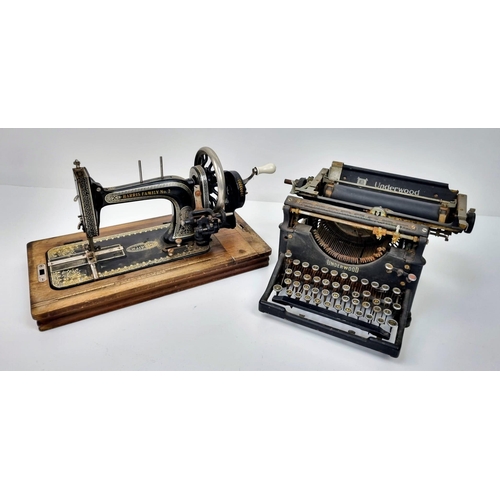 987 - Two Rare Antique Machines - An Underwood Typewriter and a W.J.H. and Co sewing machine. As found.