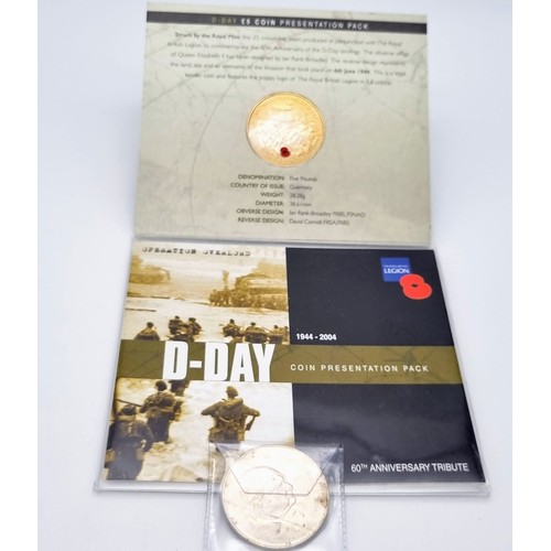 1008 - A Two Coin Parcel Comprising; Mint Condition , Royal Mint  60th Anniversary ‘The D-Day Landings’ £5 ... 