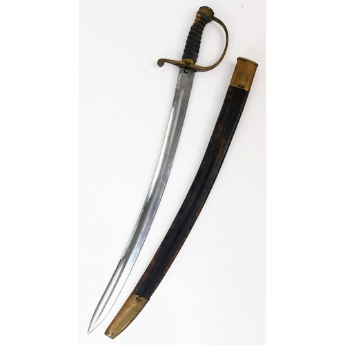 513 - An Antique Military Curved Sabre Sword with Scabbard. Brass hilt. Hard leather and brass scabbard. P... 