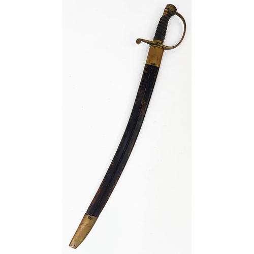 513 - An Antique Military Curved Sabre Sword with Scabbard. Brass hilt. Hard leather and brass scabbard. P... 