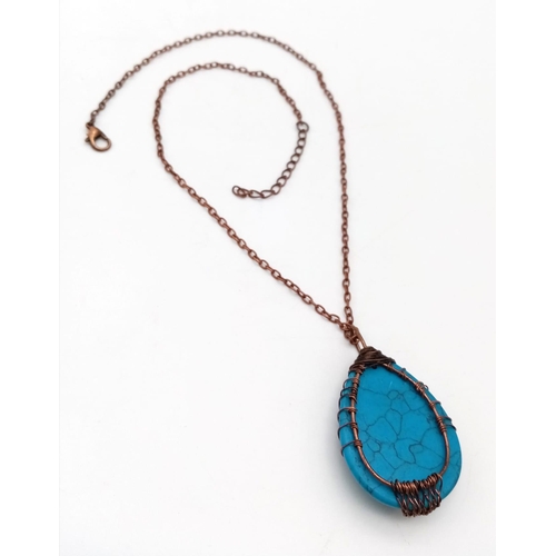 947 - A Turquoise Tree of Life Teardrop Pendant on a Metal Chain. 4cm  and 44cm.