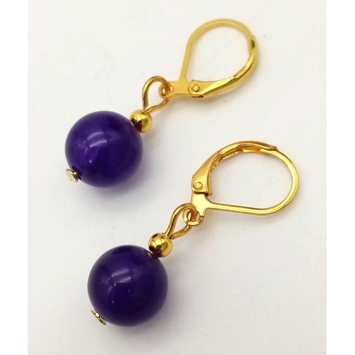 980 - A Pair of Purple Jade and Tigers Eye Drop Earrings.