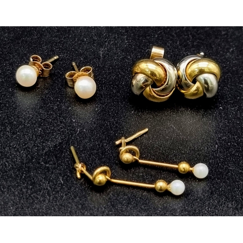 1021 - A Selection of Three Different Pairs of 9K Gold Earrings. 3.2g total weight.