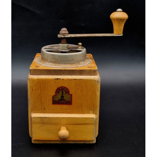 974 - A Vintage Armin Trosser Wooden Cased Coffee Grinder. Drawer for beans. 17cm tall.