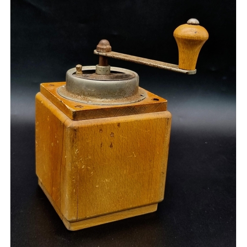 974 - A Vintage Armin Trosser Wooden Cased Coffee Grinder. Drawer for beans. 17cm tall.