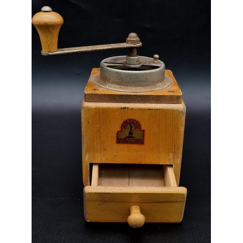 974 - A Vintage Armin Trosser Wooden Cased Coffee Grinder. Drawer for beans. 17cm tall.