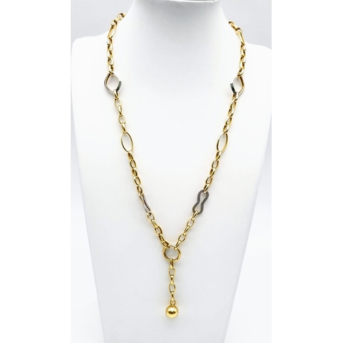 23 - A 14K White and Yellow Gold Selection. Bar-Link Necklace - 56cm, Belcher Link Chain with hanging bal... 