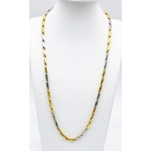 23 - A 14K White and Yellow Gold Selection. Bar-Link Necklace - 56cm, Belcher Link Chain with hanging bal... 