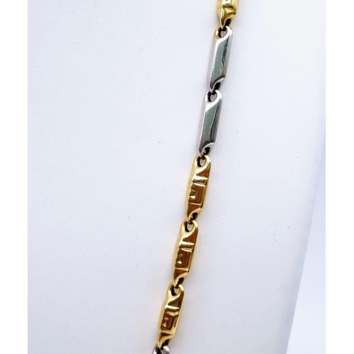 23 - A 14K White and Yellow Gold Selection. Bar-Link Necklace - 56cm, Belcher Link Chain with hanging bal... 