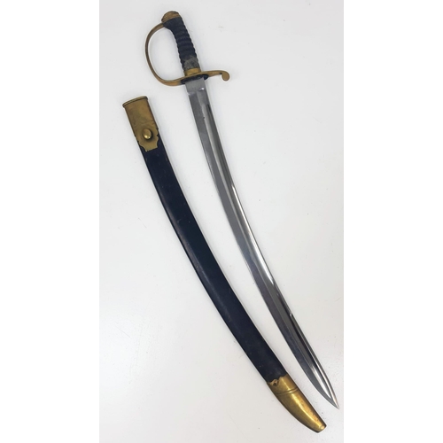 240 - An Antique Military Curved Sabre Sword with Scabbard. Brass hilt. Hard leather and brass scabbard. T... 