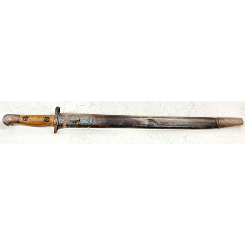 358 - A WW1 Sanderson 1907 Bayonet and Scabbard. Officially called the sword bayonet designed to be used w... 