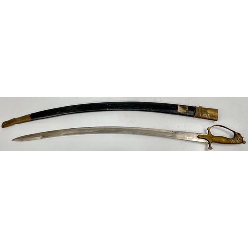 276 - An Antique Indian Military Large Curved Sword with Leather and Brass Scabbard. Decorative markings o... 