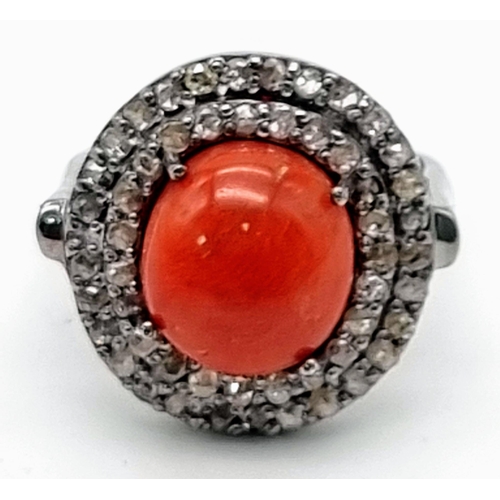 373 - A 3.50cts Natural Coral Ring set in 925 silver decorated with 0.72ct Diamond Accents surround. Size ... 