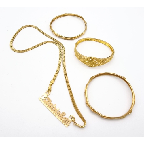 934 - Three 22k Yellow Gold Bangles - All with slight kinks so A/F -  37.14g Plus One 22K gold necklace wi... 