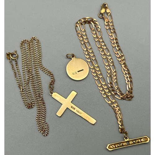 235 - Two 9K Necklaces with Pendants Plus a St Christopher Pendant. 9k gold cross pendant on a 9k gold nec... 