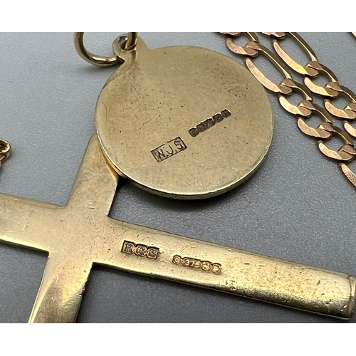 235 - Two 9K Necklaces with Pendants Plus a St Christopher Pendant. 9k gold cross pendant on a 9k gold nec... 