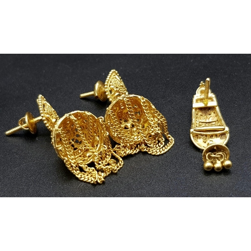 242 - A Pair of 22k Beautifully Decorated Drop Earrings - 4cm drop and 12.42g total weight plus one 22k go... 