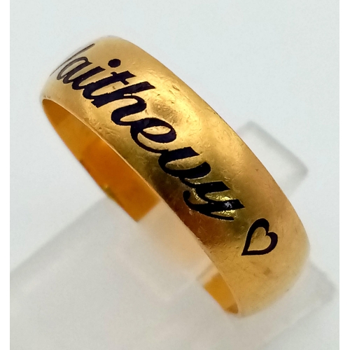 275 - A 22k Yellow Gold Band Ring with Engraving. Size T 1/2. 7.8g. Ref - 3-9060.