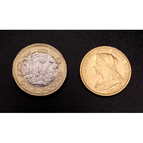 341 - An 1893 22K Gold Queen Victoria Full Sovereign Coin. 8g. Ref: 5-249.