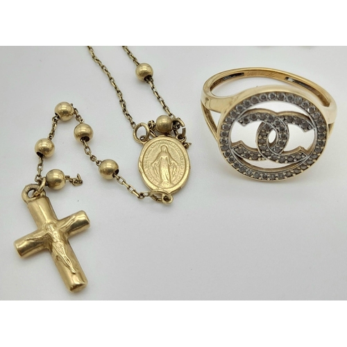 473 - A 14k Yellow Gold Chain with Drop Cross Pendant - 48cm and 7cm-  Plus a 14K Yellow Gold white stone ... 