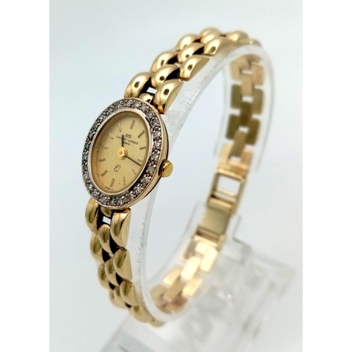 486 - A 14K Gold and Diamond Jaquet Girard Ladies Watch. 14k gold strap and case. Diamond bezel. Quartz mo... 