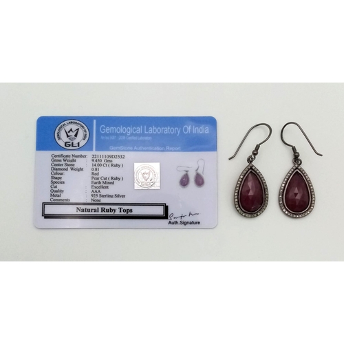 554 - A Pair of 14ct Natural Ruby Teardrop Dangler Earrings, set in 925 Black Antique Finish silver, decor... 