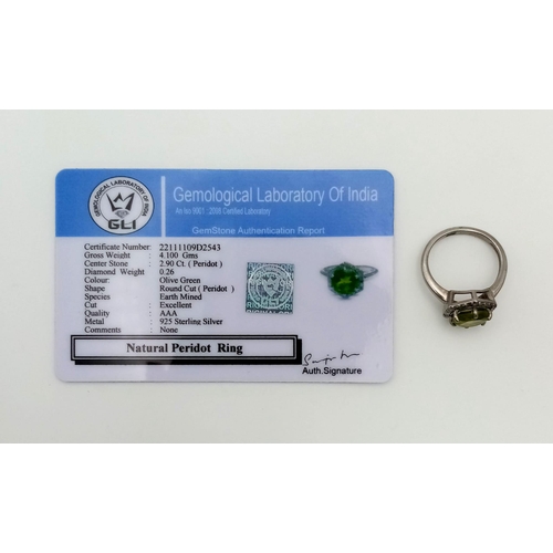 752 - A 2.90ct Natural Peridot Ring set in 925 silver, decorated with a 0.26ct Diamond surround. Size N. T... 