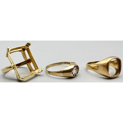 932 - Three As Found Gold Rings - A 14k gold ring - 6.4g and two 9k gold rings - 7g total weight. Ref: 6-1... 