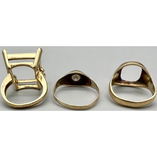 932 - Three As Found Gold Rings - A 14k gold ring - 6.4g and two 9k gold rings - 7g total weight. Ref: 6-1... 