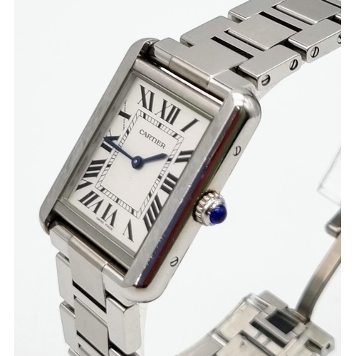 120 - A Cartier Ladies Quartz Movement Tank Watch. Stainless steel strap and case - 25 x 32mm. White dial.... 