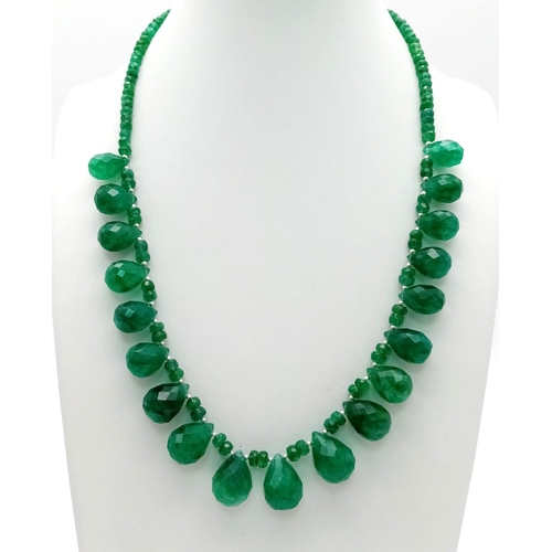 435 - A 232ct Emerald Gemstone Necklace with Emerald Drops, set in 925 Silver.