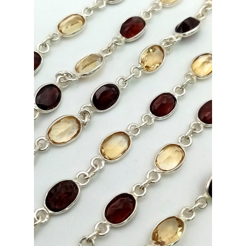 766 - A Garnet and Citrine Gemstone Long Chain Necklace, SET IN 925 Silver, 18g total weight