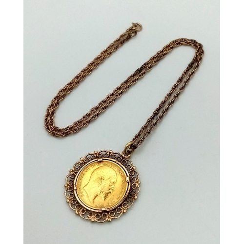 644 - A 1904 22k Gold Full Sovereign Coin set in 9K gold on a 9K gold chain. Sovereign - 8g. Chain and cas... 