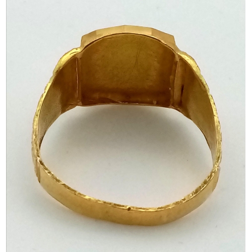 772 - A 22K Yellow Gold Signet Ring. Slightly out of shape so A/F.
Size S. 5.2g. Ref: 1-9742.