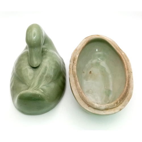 90 - A RARE ANTIQUE CHINESE CELADON DUCK , LENGTH 130mm and height 110mm , FOUND IN A JAPANESE KURA UNDIS... 