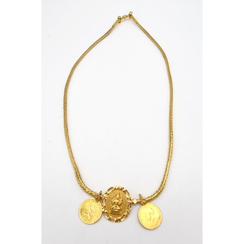 314 - A Mixed Gold Lot to Include: A 21k Yellow Gold Thali Set - A/F - 89.1g. 2 x 21k yellow gold necklace... 