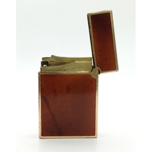 382 - A Vintage ST Dupont Gold Plated Chinese Brown Lacquer Lighter. In good condition but needs some gas ... 