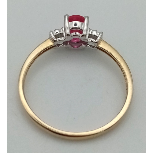 468 - A 9k gold ruby and diamond trilogy ring. Size L. 1.25g total weight.