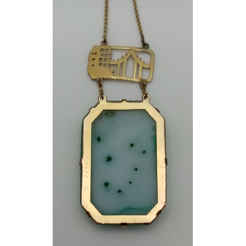 622 - A vintage yellow metal and decorative green stone Chinese style necklace. Weight 13.3g. 4 and 44cm