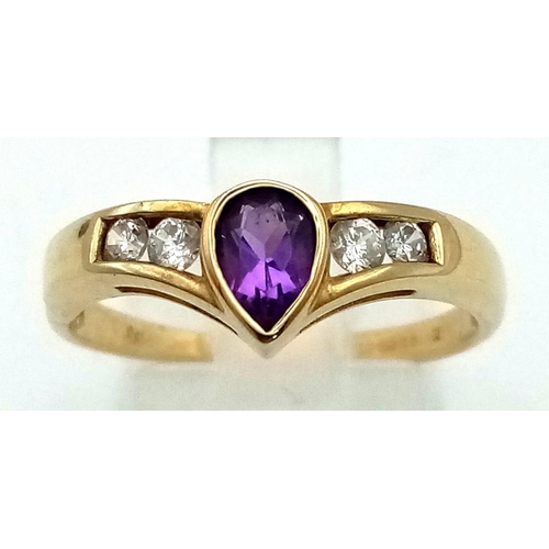 726 - A 9k gold pear amethyst and cubic zirconia ring. Size R. Weight 2.2g