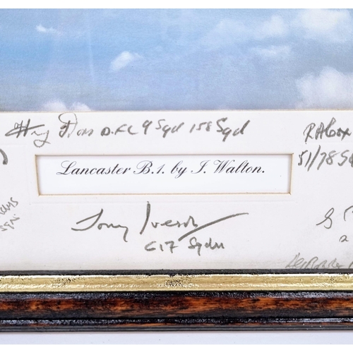 742 - A SIGNED FRAMED PRINT OF THE LANCASTER BOMBER CAPTAINED BY BILL REID V.C. AND TONY IVERSON PLUS 15 A... 