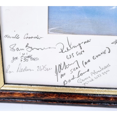 742 - A SIGNED FRAMED PRINT OF THE LANCASTER BOMBER CAPTAINED BY BILL REID V.C. AND TONY IVERSON PLUS 15 A... 