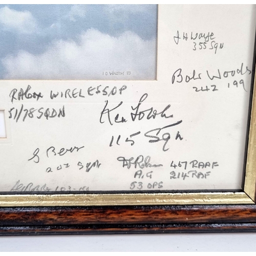 742 - A SIGNED FRAMED PRINT OF THE LANCASTER BOMBER CAPTAINED BY BILL REID V.C. AND TONY IVERSON PLUS 15 A... 