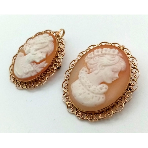 978 - 2 x 9k gold convertible cameo brooches with hinged bails. 36mm by 29mm and 32mm by 25mm. Total weigh... 