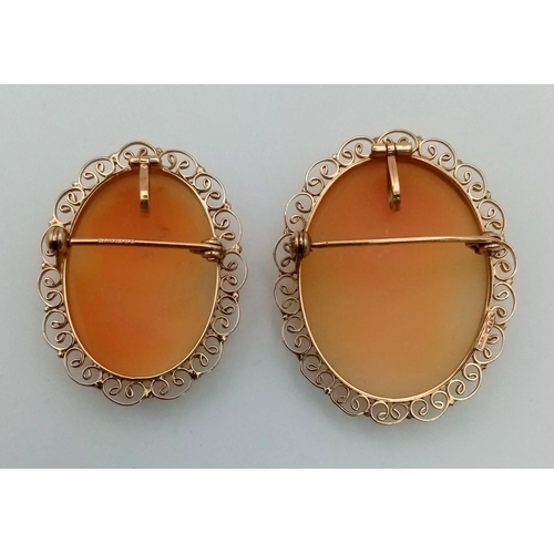 978 - 2 x 9k gold convertible cameo brooches with hinged bails. 36mm by 29mm and 32mm by 25mm. Total weigh... 