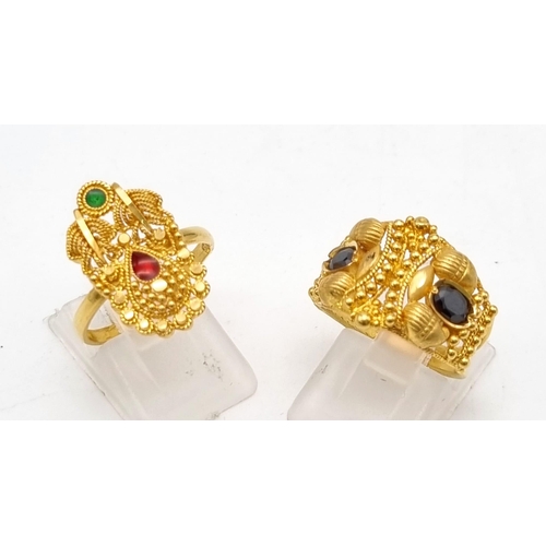 313 - Two 22k Yellow Gold Stone Set Rings - Size L and M - total weight - 9.8g Plus a pair of 20k gold sto... 